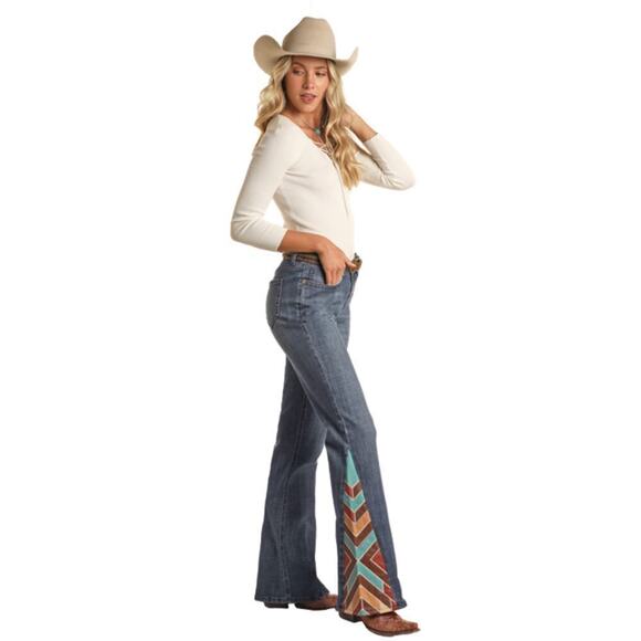 Rock & Roll Denim Denim - Rock & Roll Denim Cowgirl Leather Patch Trouser Jeans Size 32 Western Country